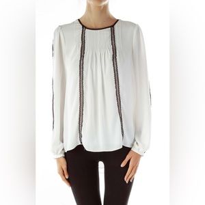 White House Black Market Cream Blouse with Brown Trim and Long Sleeves